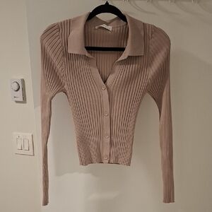 Little Mountain Women's Beige Ribbed Polo-neck Button-up Cardigan (Size L)